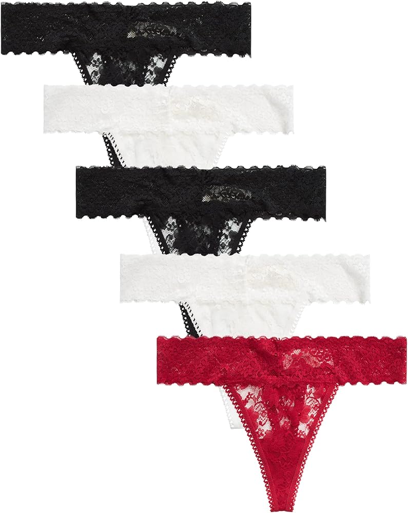 Jessica Simpson Women's Thong Underwear - 5 Pack Microfiber Stretch Sexy Lingerie Thong Panties - Soft Lace Thongs for Women