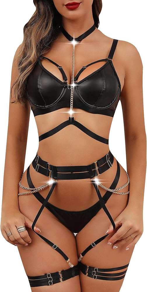 Donnalla Garter Lingerie Women Curvy Adjustable Strappy Underwire Sexy 4 Piece Push Up Bra and Chain Thong Lingerie Sets