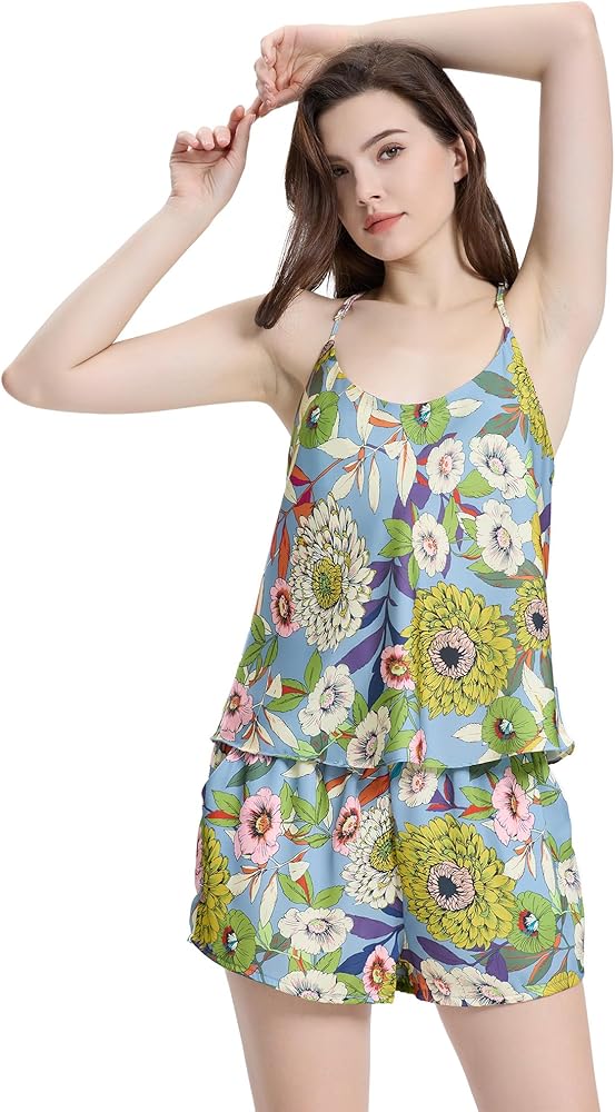 Womens Silk Satin Camisole Pajamas Set Sexy Cami Shorts Sleepwear 2 Pieces Pjs With Pockets