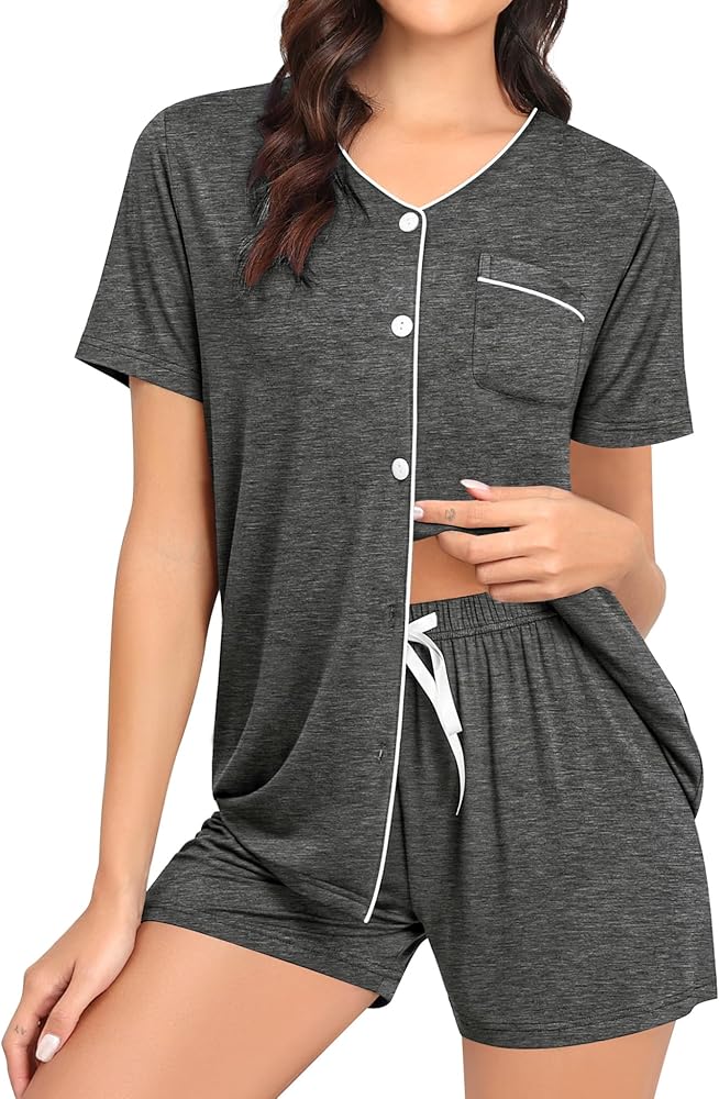 SWOMOG Pajama Sets for Women 2 Piece Short Sleeve Button Down Sleepwear V-Neck Pjs Set Loungewear S-XXL