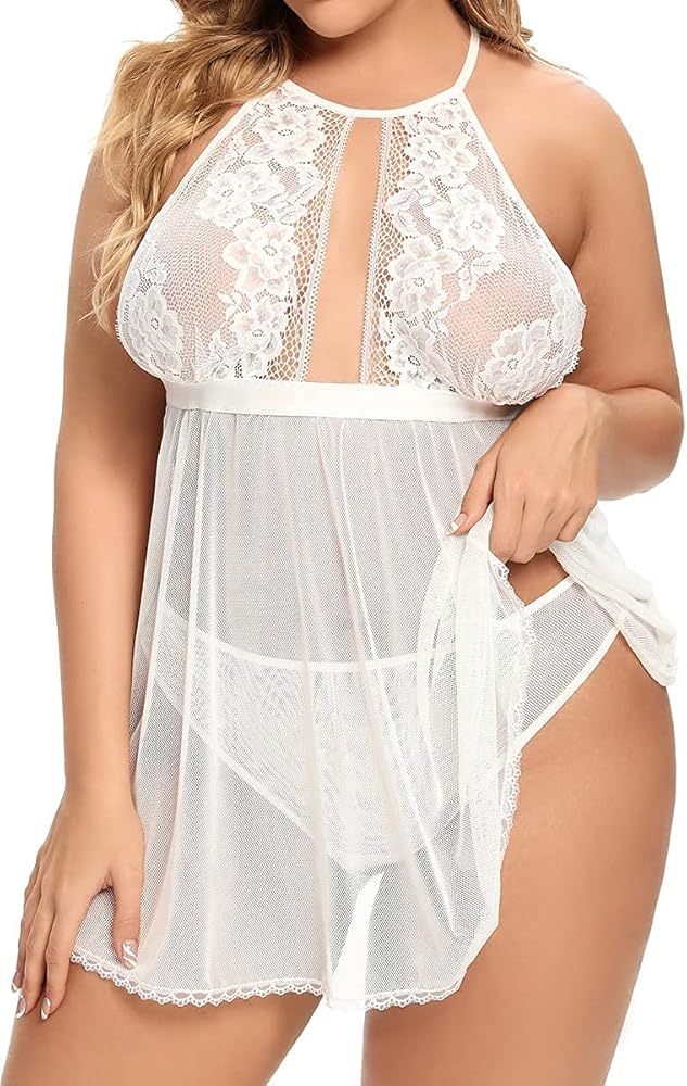 Plus Size Babydoll for Women - Sexy Halter Keyhole Lace Lingerie Set Sheer Mesh Open Back Chemise Sleepwear