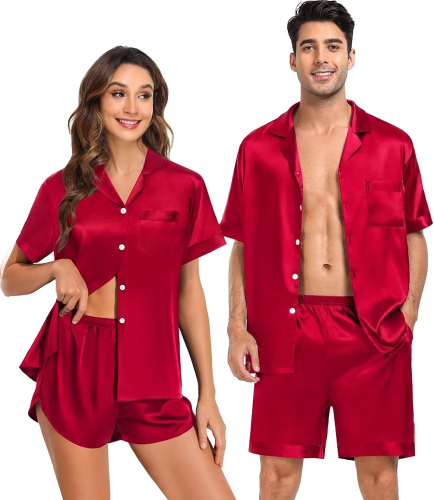 SWOMOG Couple Satin Matching Pajamas Sets Short Sleeve Sleepwear Silk Button Down Nightwear2 Pieces Loungewear with Shorts