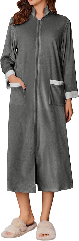 Ekouaer Women Zip Up Robe Fleece House Coats Full Length House Dress Long Sleeve Bathrobe with Pockets S-3XL