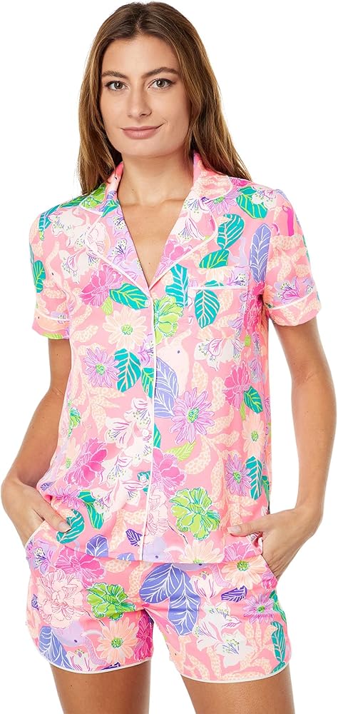 Lilly Pulitzer Teagan PJ Woven Short Sleeve Top for Women - Notched Lapel Collar, Short Sleeves, and CutePrinted Top