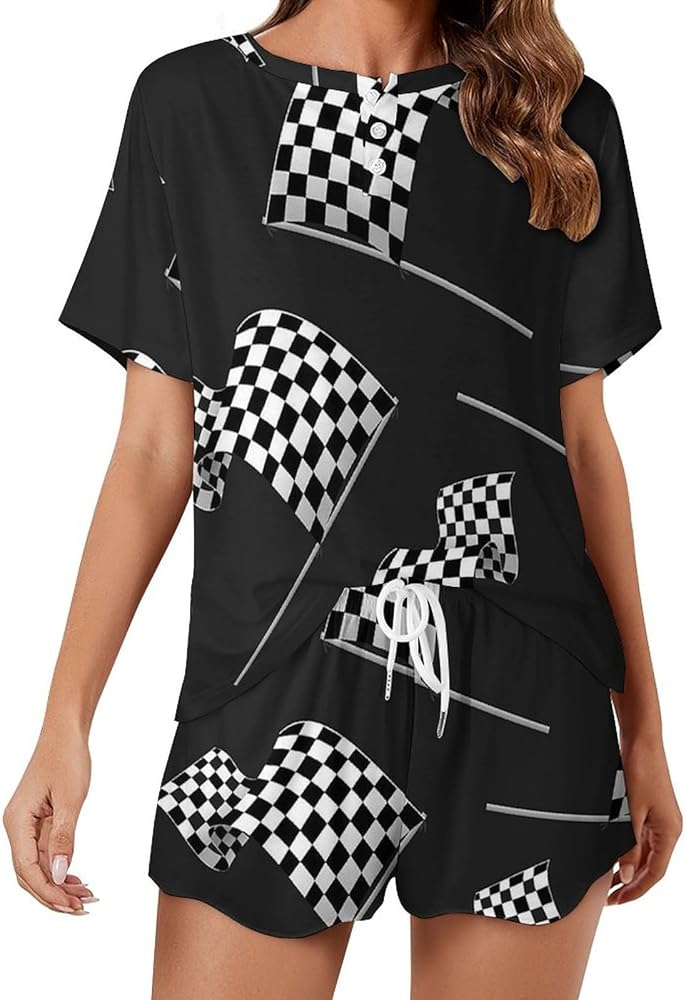 Checkered Flag Women's Pajama Set Summer Short Sleeve Shorts Sleepwear Set Casual Loungewear Sweatsuits Sets