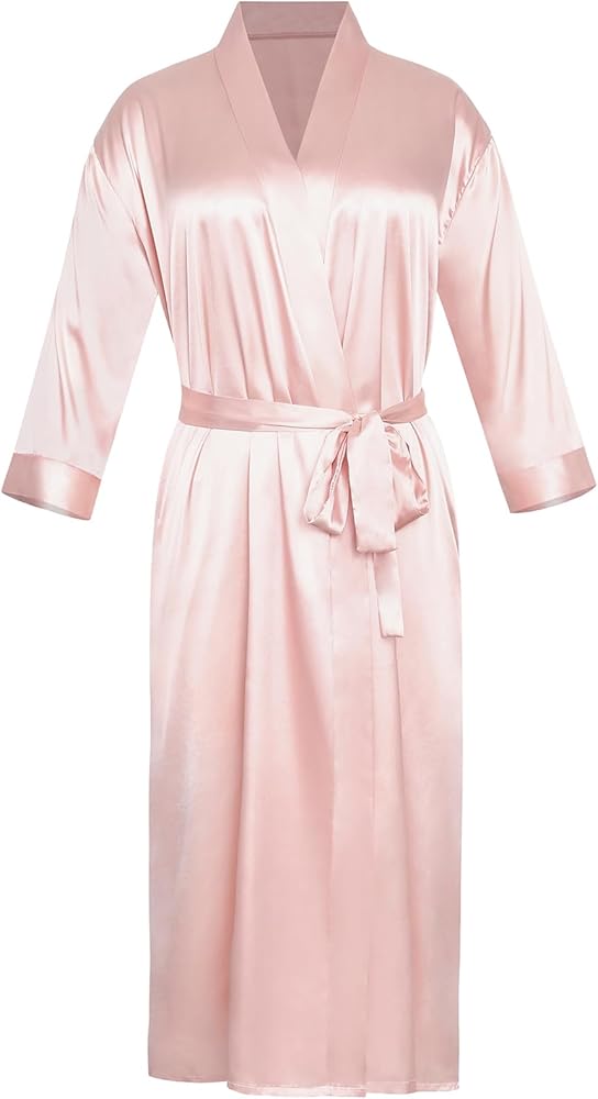 Air Curvey Kimono Robes For Women Long Satin Robe Soft Silky Sleepwear Lightweight Bathrobe With Pocket