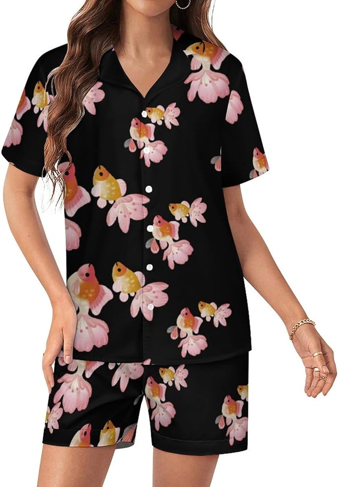 Cherry Blossom Goldfish Womens Silk Satin Pajamas Set Short Sleeve Button-Down Sleepwear Loungewear Pj Set