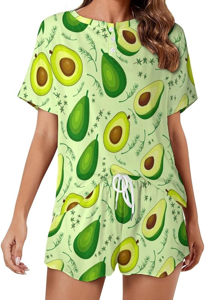 Fresh Fruits Avocado Women's 2 Piece Pajamas Short Sleeve Shorts Sleepwear Set Causal Loungewear Home Suit 5XL