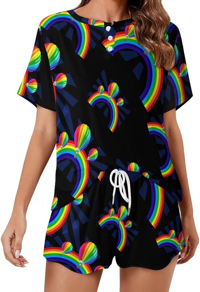 Rainbow Hot Air Balloon Gay Pride Women's 2 Piece Pajamas Short Sleeve Shorts Sleepwear Set Causal Loungewear Home Suit 5XL