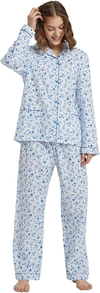 GLOBAL Womens Cotton Pajama Set for Women Long Sleeve PJs Button Down Sleepwear S-3XL