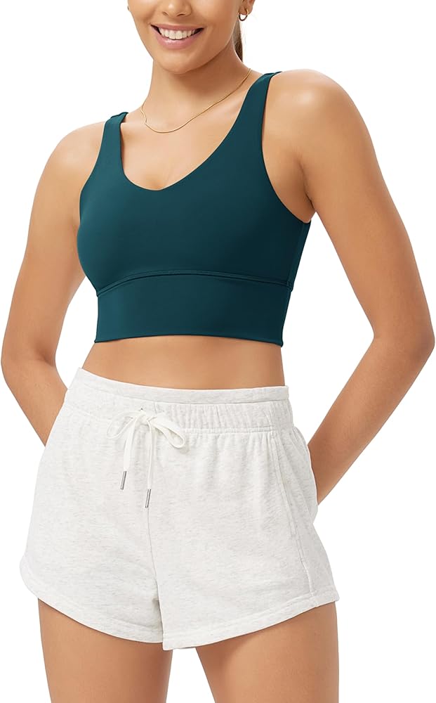 ODODOS Cloud Feeling V Neck Padded Sports Bra for Women U Back Wirefree Yoga Bra Crop Top