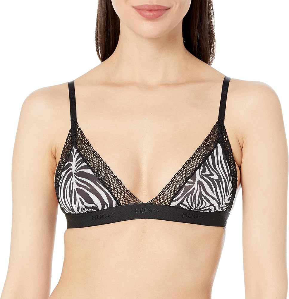 HUGO Womens Zebra Lace Detail Triangle Bra, Black Zebra Print/Bright White, Large US