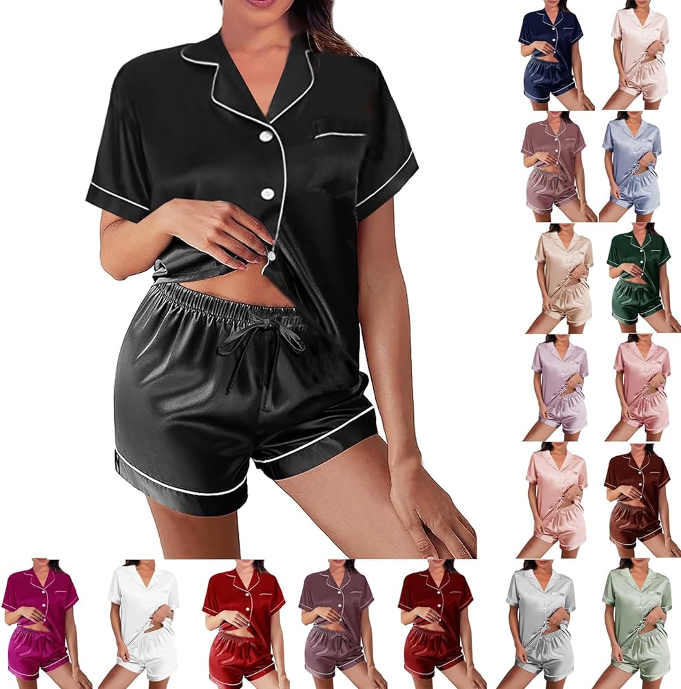 Womens Silk Satin Pajamas Loungewear Two-Piece Sleepwear Button-Down Floral Pj Set XS-4XL