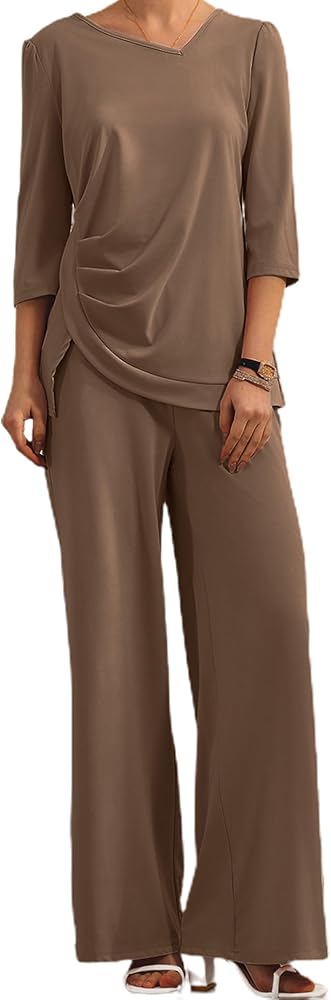 Women' 2 Piece Outfits Casual Short Sleeve Shirts and Wide Leg Pants Lounge Sets with Pockets