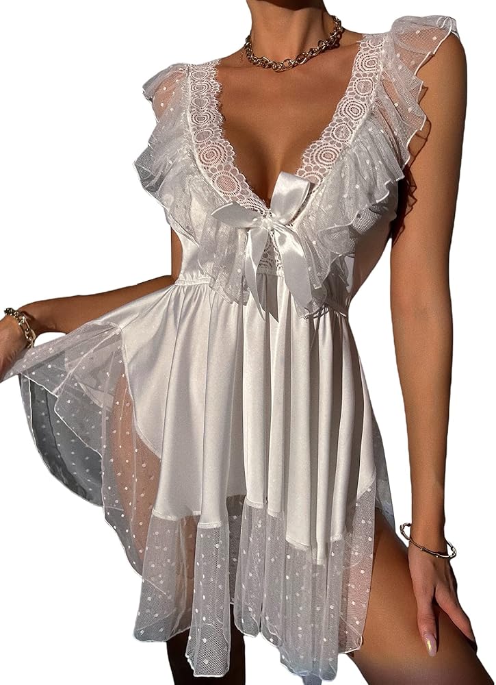 Milumia Women's Satin Lace Chemise Nightgown Bow Tie Ruffle Swiss Dots Lingerie Dress Sleepwear