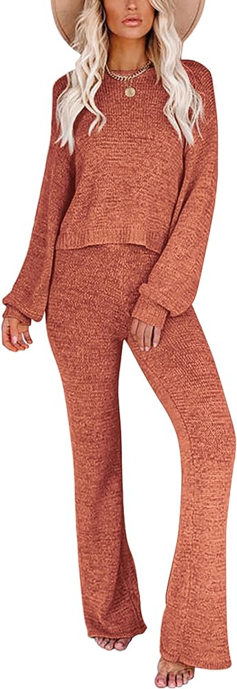 Ekouaer Lounge Sets for Women 2 Piece Knit Sets Cozy Off Shoulder Sweater Outfits Pullover and Wide Leg Pants Pajamas