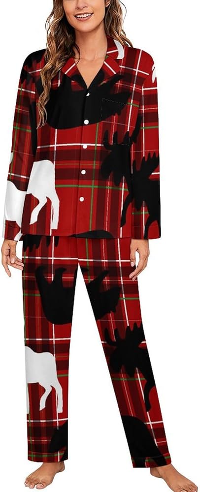 Plaid with Black And White Moose And Bears 2-Piece Pajama Set for Women Long Sleeve Button Top And Pants Sleepwear Loungewear