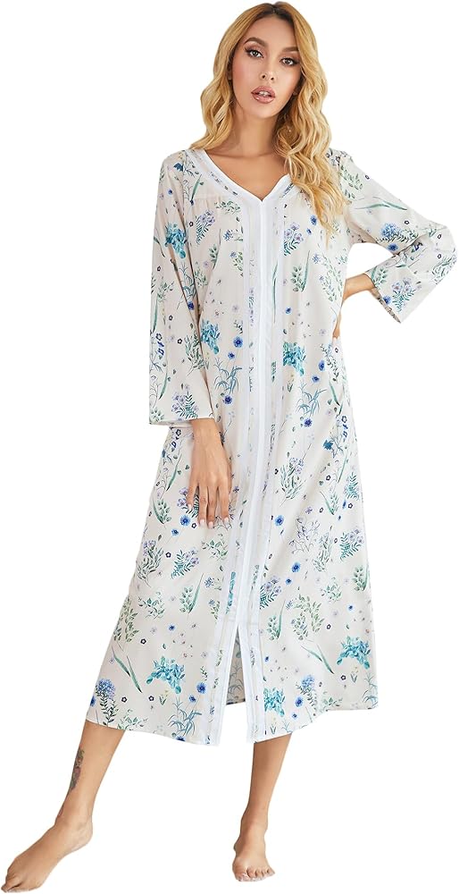 Women's Floral Print Full Length Nightgowns Loungewear Long House Coat Zipper Front Robes