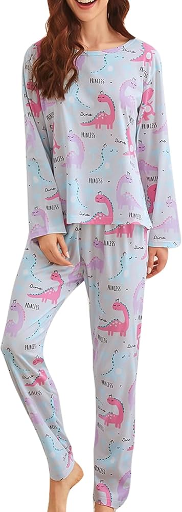 Women Cute Cartoon Pajama Set Long Sleeve Sleepwear Tops with Long Pants Crew Neck Pullover Sleepwear