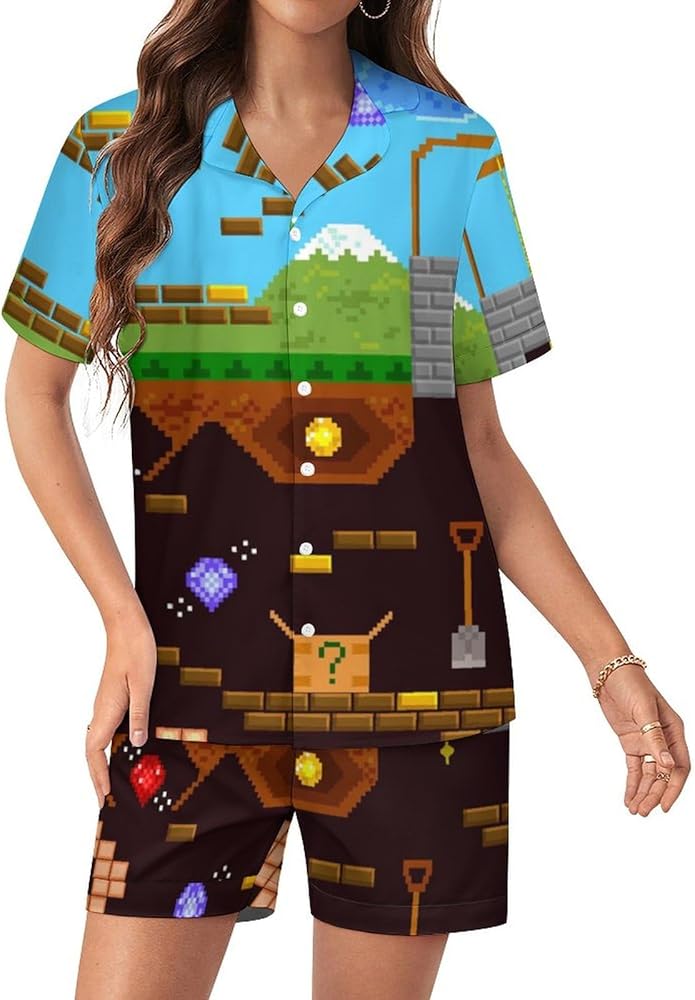 Retro Video Game Playing Women's Pajamas Set Two Piece Button Down Sleepwear Short Sleeve And Shorts Loungewear