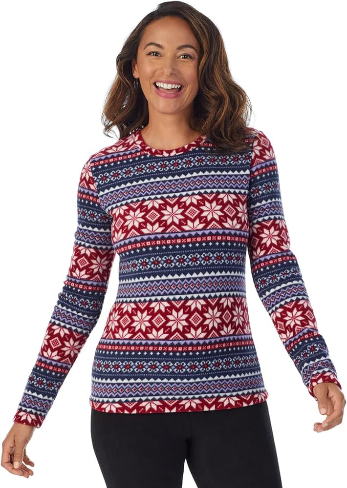 Cuddl Duds Women's Fleecewear with Stretch Crew Neck, Navy Fairisle, Medium