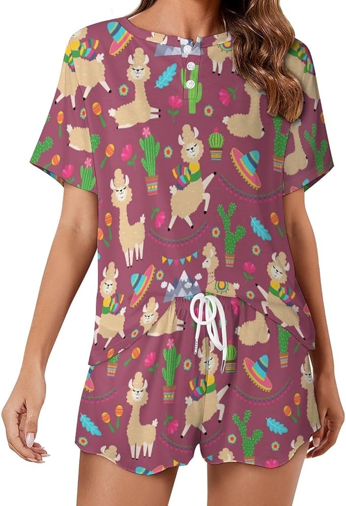 Llama Alpaca Cactus Flowers Classic Women's Pajamas Loungewear Set Loose Short Sleeve Sleepwear With Pockets