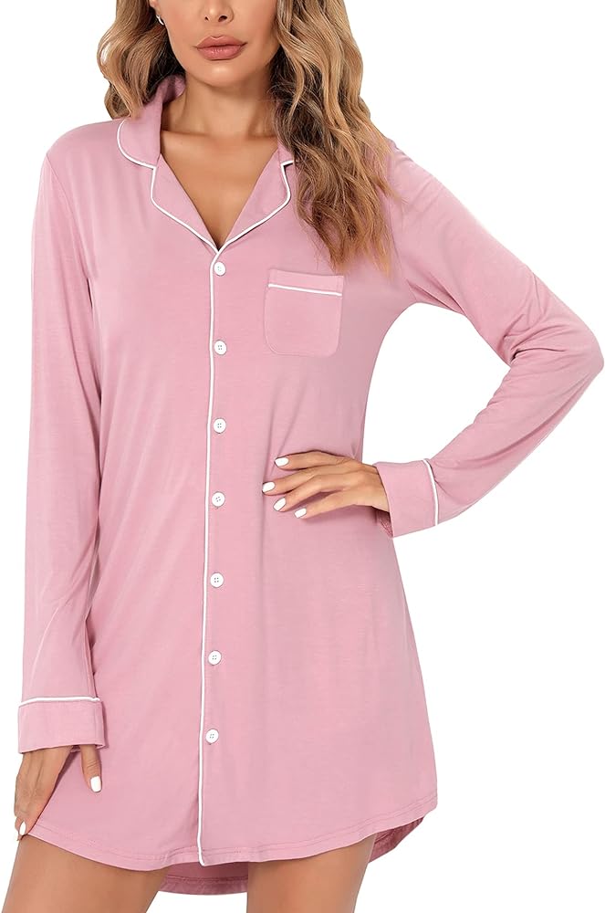 Anjue Pajama Nightgowns for Women Button Down Pajamas Tops Short/Long Sleeve Sleepwear Sleep Shirts Nightdress S-XXL