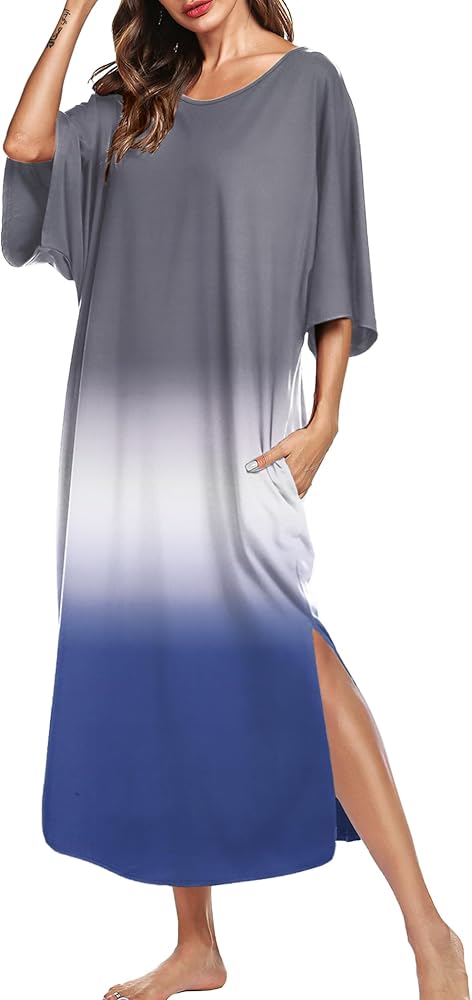 Ekouaer Women's Nightgown Short Sleeve Sleepshirt Long Loungewear Casual Maxi Lounge Dress House Dresses with Pockets