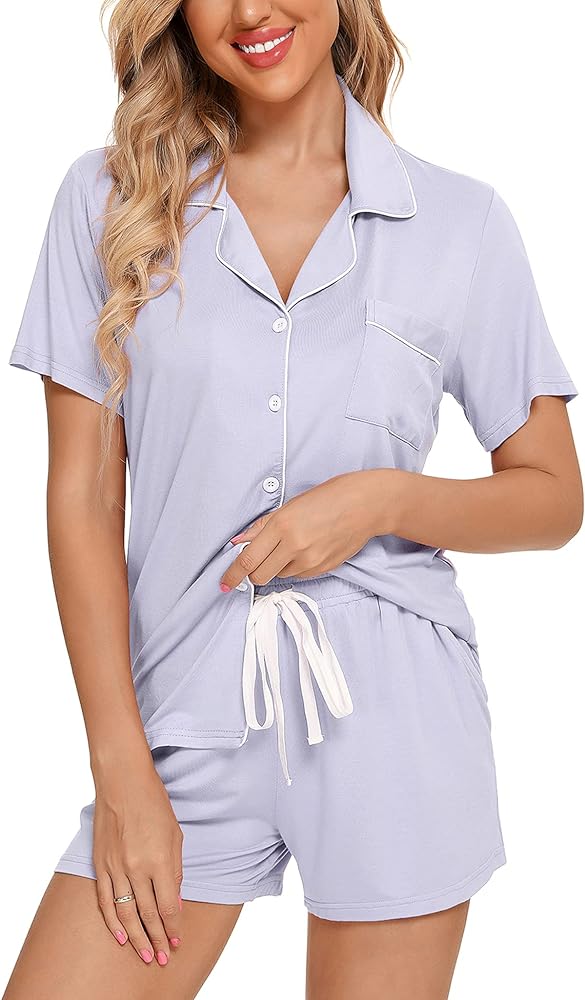 Senert Pajamas Set For Women Short Sleeve Sleepwear Soft Button Down Pjs Set Nightwear Lounge Sets S-XXL