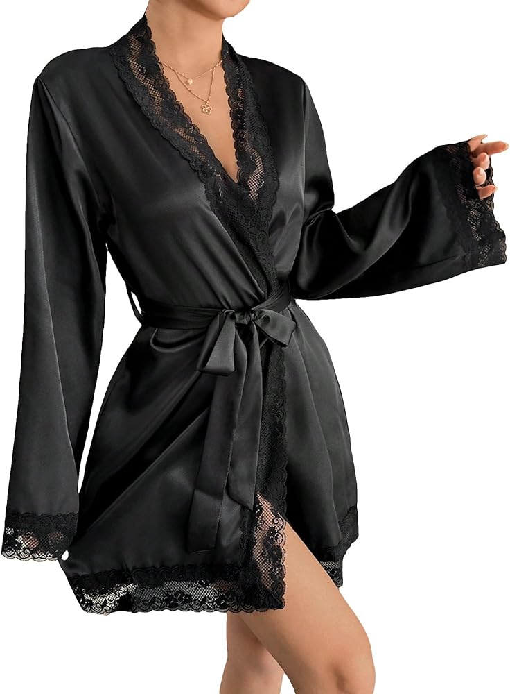 Women's Satin Lace Trim Robe Long Sleeve V Neck Bathrobes Sleepwear with Belt