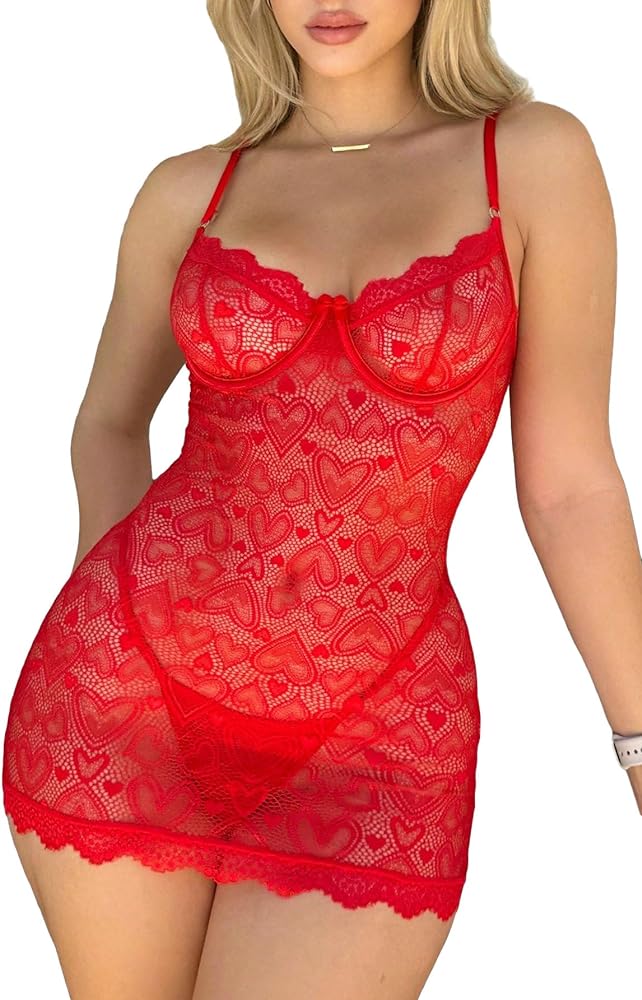 SOLY HUX Women's Lace Heart Print Scalloped Trim Underwire Babydoll Lingerie Sleepwear Chemise with Thong Red Heart L