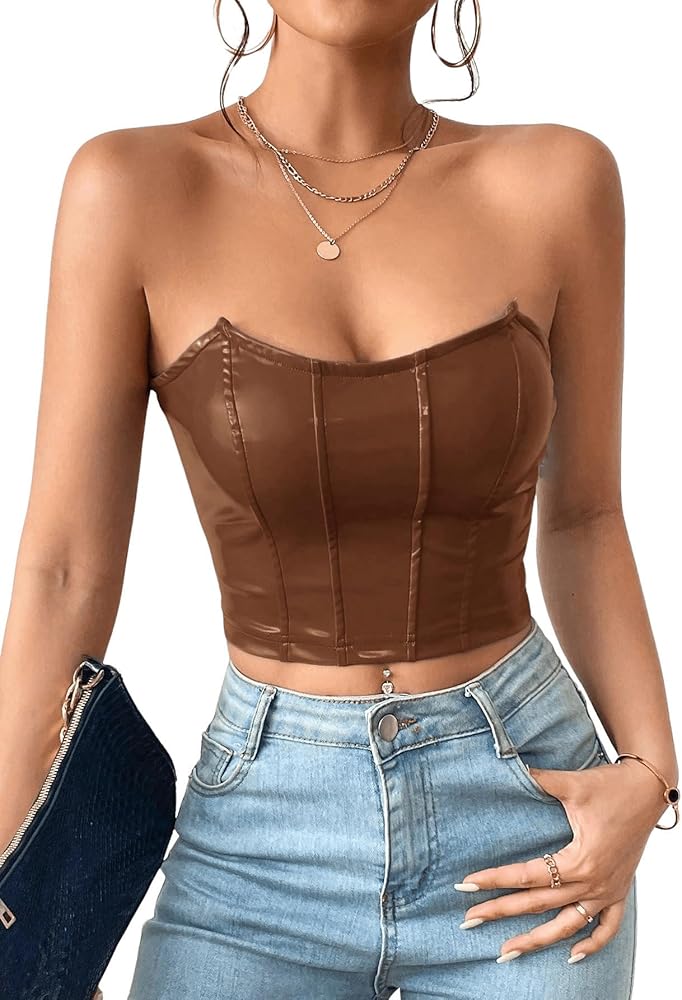 Milumia Women's PU Leather Bandeau Tube Top Strapless Bustier Corset Crop Top