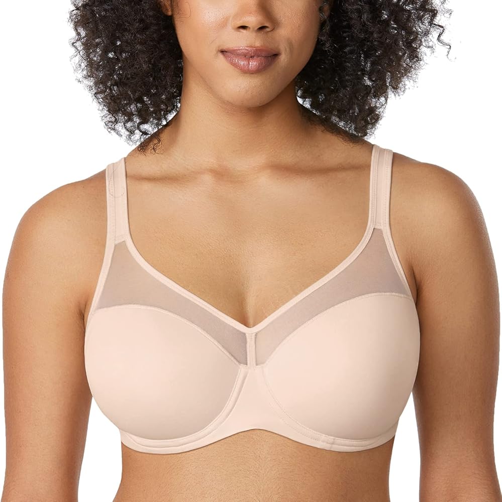 DELIMIRA Women's Plus Size Bra Full Coverage T Shirt Lightly Padded Sheer Underwire Support Bras