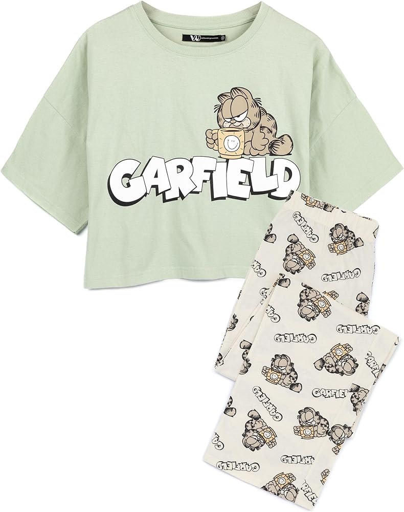 Garfield Womens Pyjamas | Adults Ladies Lazy Tabby Cat Green T-Shirt With Cream Long Bottoms Pjs | Movie Merchandise