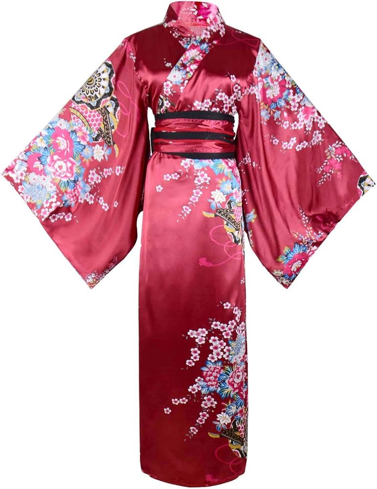 HongH Women's Floral Print Traditional Japanese Kimono Goldfish Obi Belt Blossom Yukata Robe Costume Set