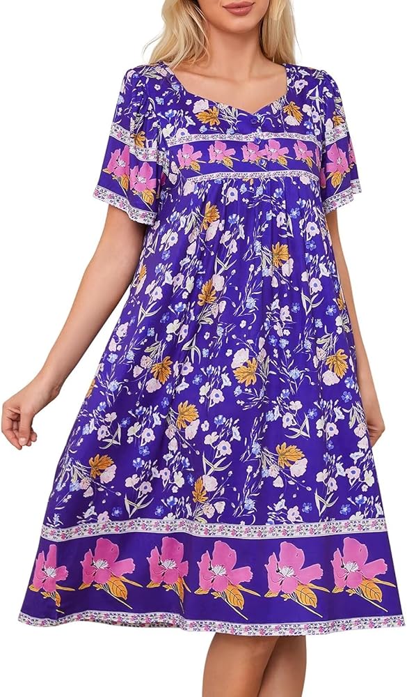 Womens Nightgown Short Sleeve House Dress with Pockets-Floral Print Mumu Dress S-3XL