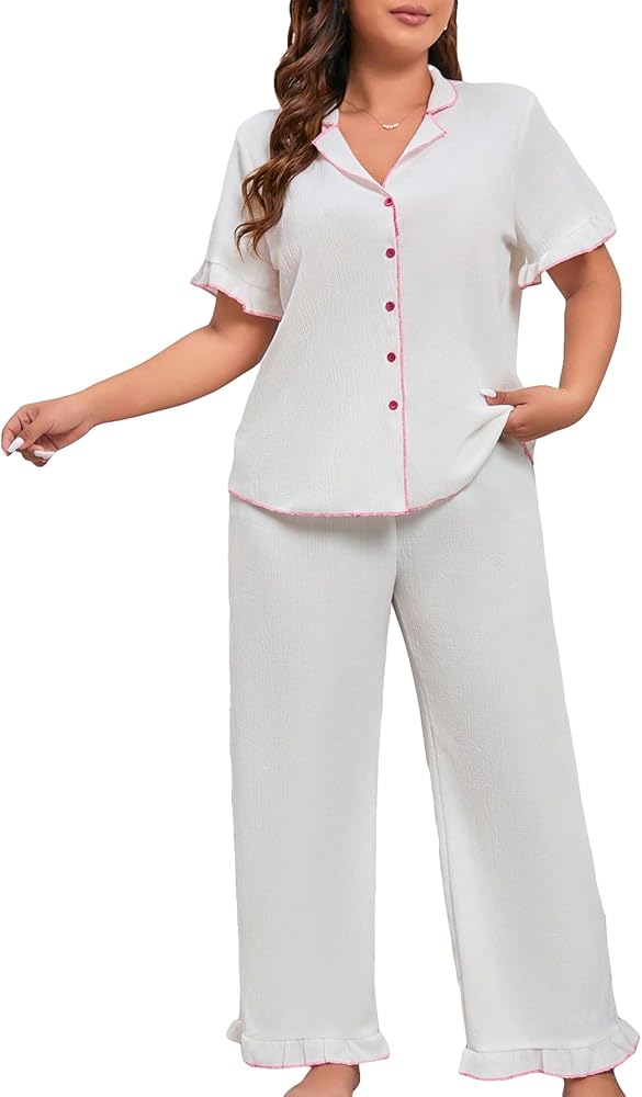 Verdusa Women's Plus Size Ruffle Button Down Top Pants Loungewear Pajama Sets