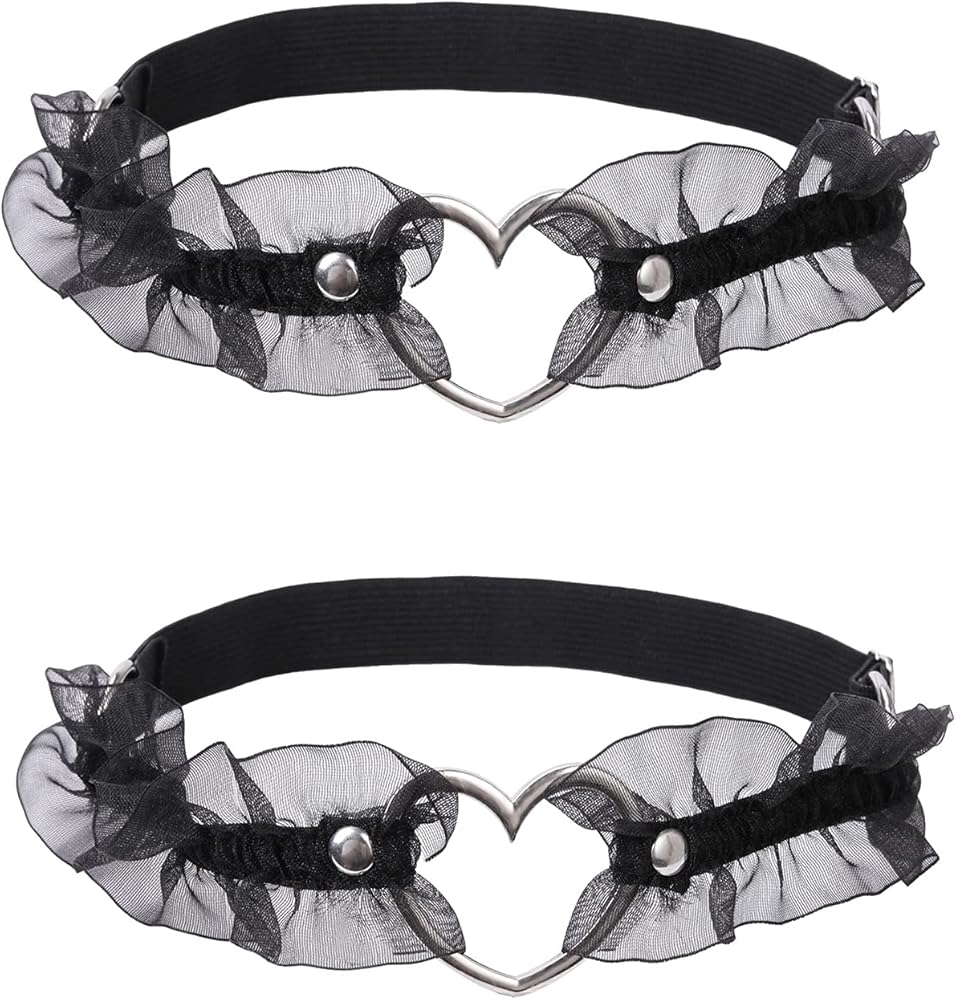 2PCs Adjustable Heart Lace Thigh Garter, Elastic Leg Garters Belt for Women Parties, Black/Red/Pink/White