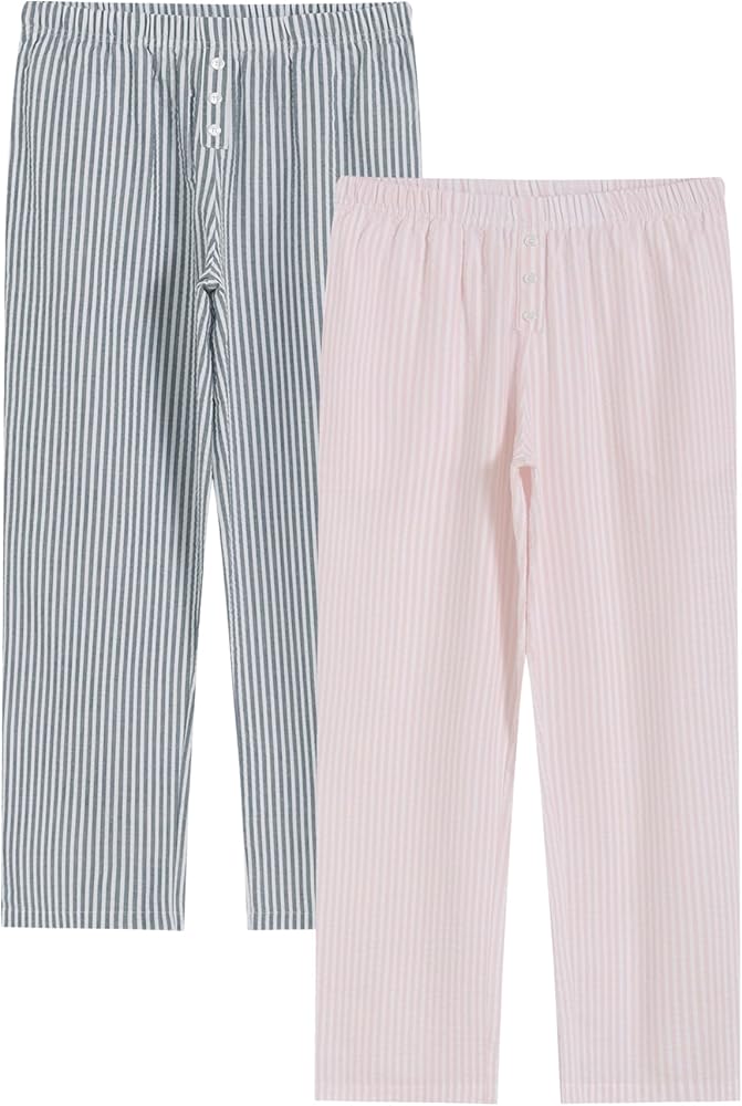 Latuza Women's 2 Pack Cotton Pajama Pants Seersucker Lounge Pants with Pockets