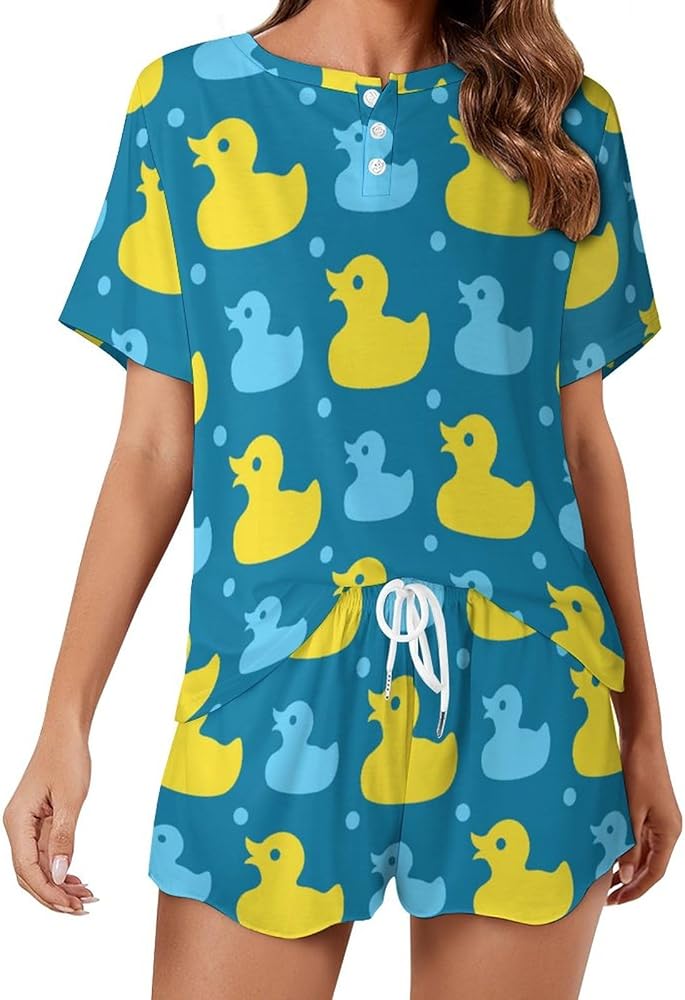 Yellow Rubber Ducks Classic Women's Pajamas Loungewear Set Loose Short Sleeve Sleepwear With Pockets