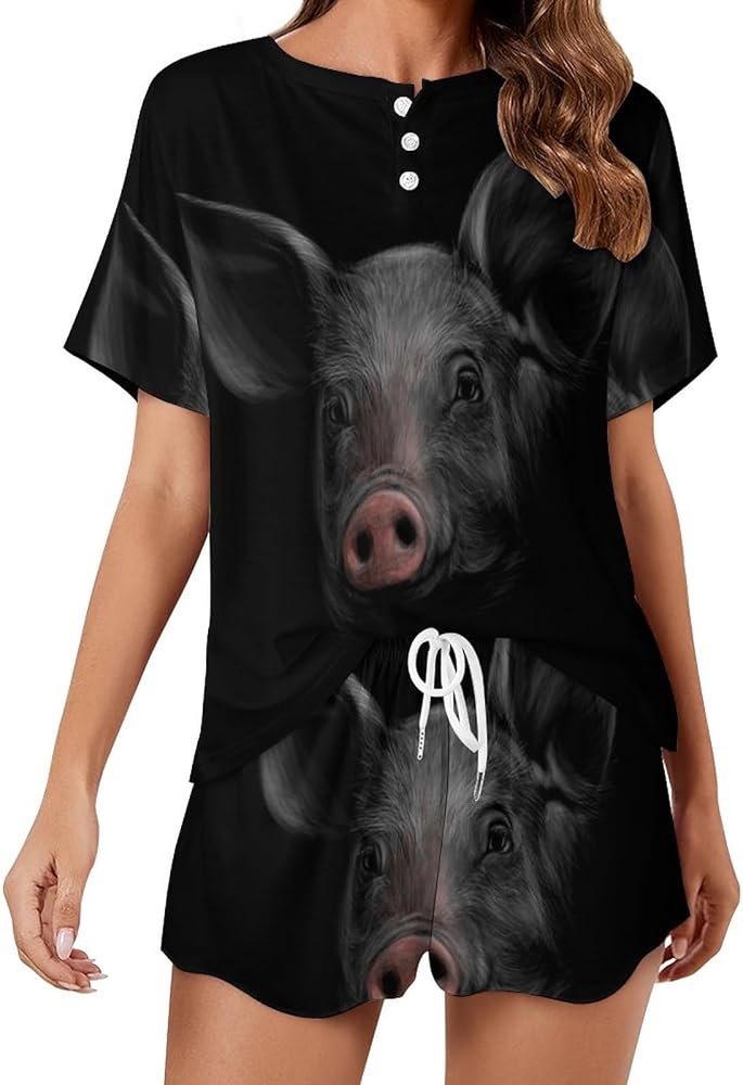 Portrait of A Pig Classic Women's Pajamas Loungewear Set Loose Short Sleeve Sleepwear With Pockets