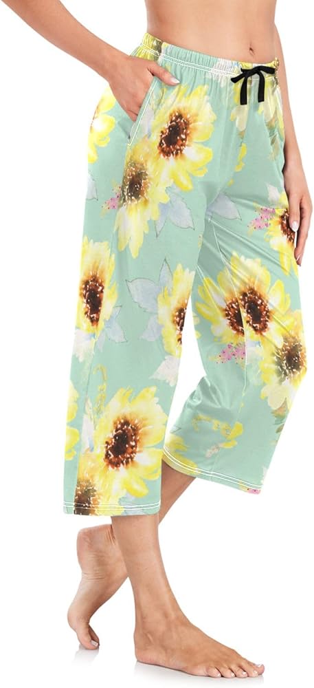 Flower Floral Print Women Pajama Capri Pants, Variety of Background Comfort Fit Lounge Sleepwear with Pockets S-XXL