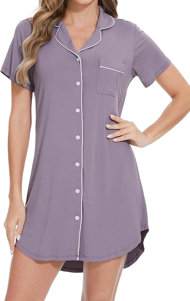 WiWi Nightgowns for Women- Viscose from Bamboo Short Sleeve Pajama Gowns Button Down Nightshirts S-XXL