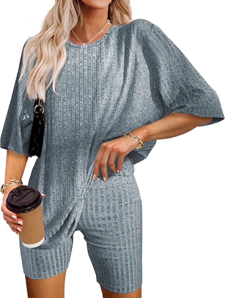 Ribbed Knit Lounge Set for Women Pajama Set 2 Piece Outfits Oversized T-Shirt and Biker Shorts Set