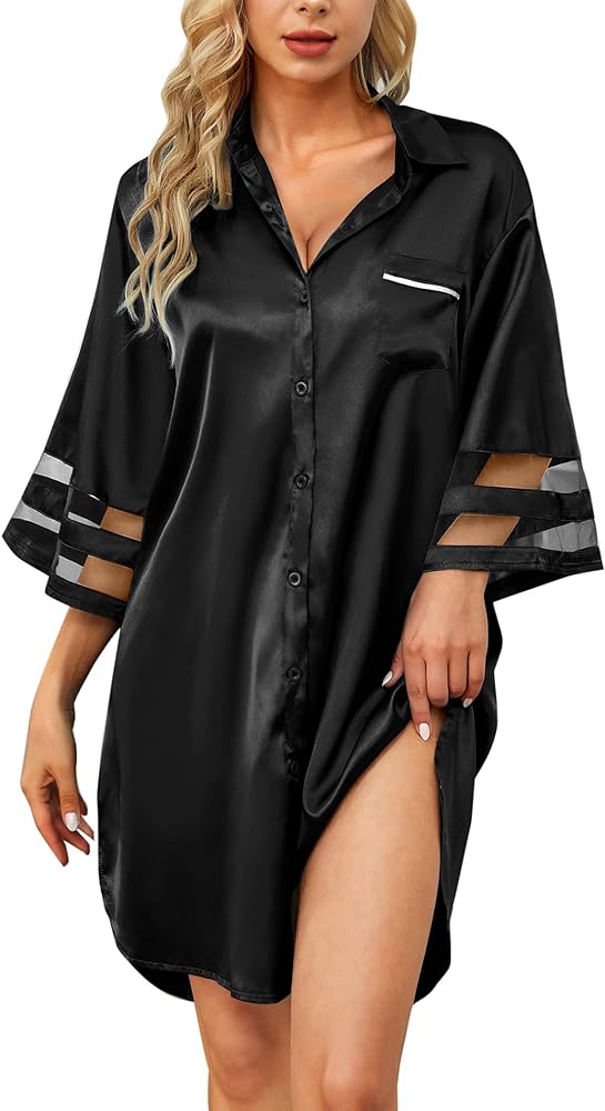 Women's Satin Nightgown Button Down 3/4 Sleeve Sleepwear Silk Night Gowns Nightshirt with Pocket