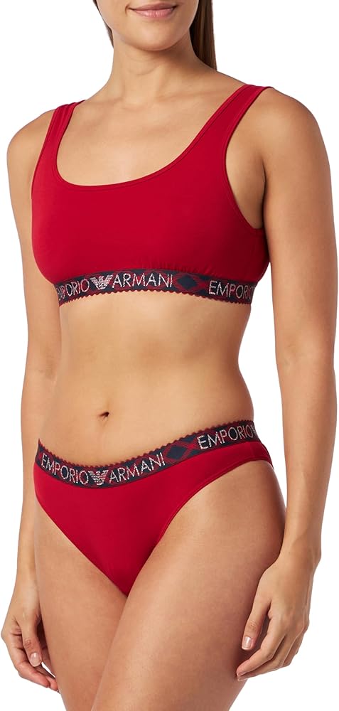 Emporio Armani womens Women's Tartan Christmas Cotton Bralette Bra + Brazilian Brief