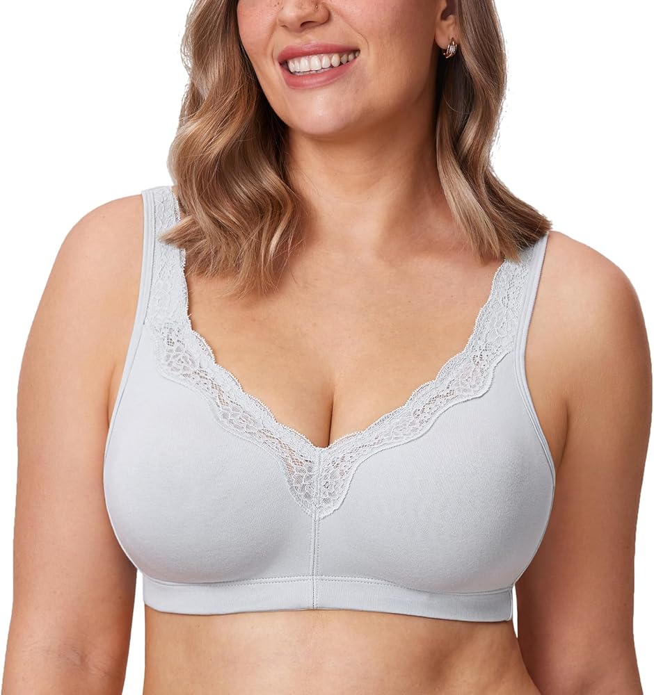 DELIMIRA Women's Wireless Plus Size Full Coverage Lace Bra Cotton Unlined Comfortable