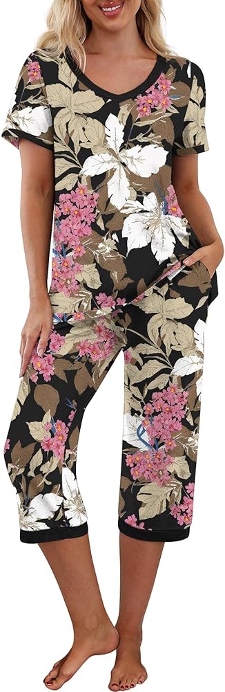 PrinStory Women's Pajama Set Short Sleeve Shirt and Capri Pants Sleepwear Pjs Sets with Pockets