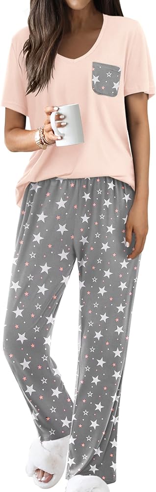 Ekouaer Pajama Sets For Women 2 Piece Short Sleeve Pj Sets With Long Printed Pants Sleepwear Casual Loose Lounge Sets