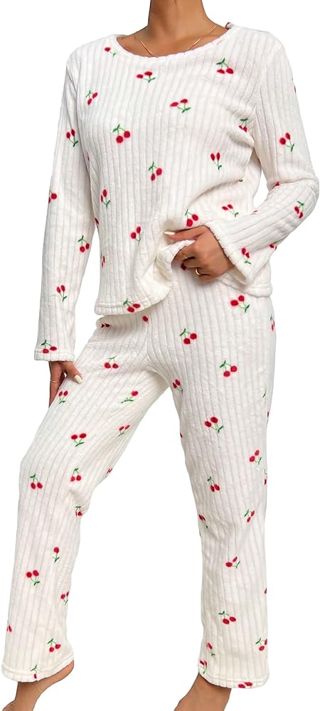 WDIRARA Women's Sleepwear Cherry Print Round Neck Long Sleeve Tee and Pants Pajama Set